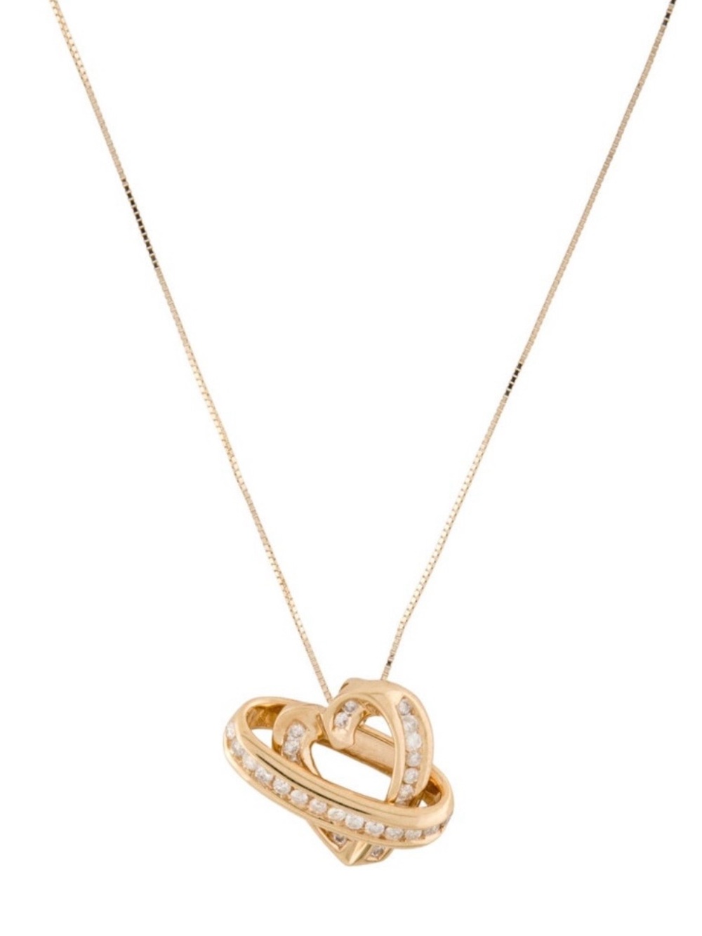 Authentic 14K Yellow Gold Double Interlocking Heart Diamond Necklace. - Picture 2 of 7